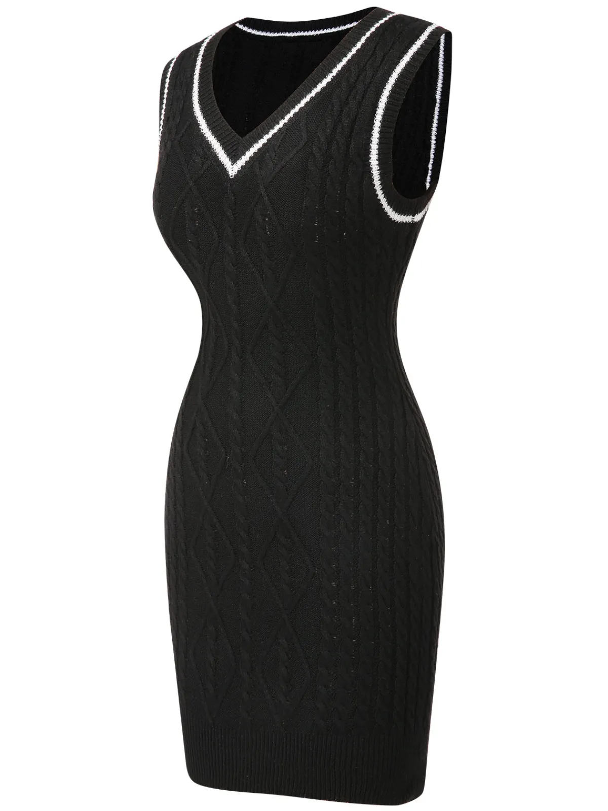 New Retro Stage 1960s V-Neck Knitted Sleeveless Dress Black