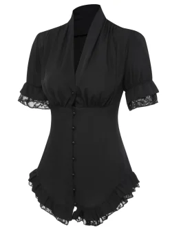 New Retro Stage 1930s V-Neck Lace Victorian Blouse Black