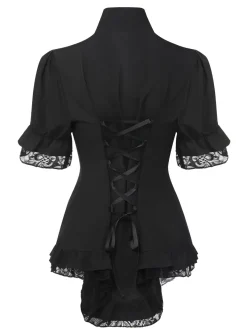 New Retro Stage 1930s V-Neck Lace Victorian Blouse Black