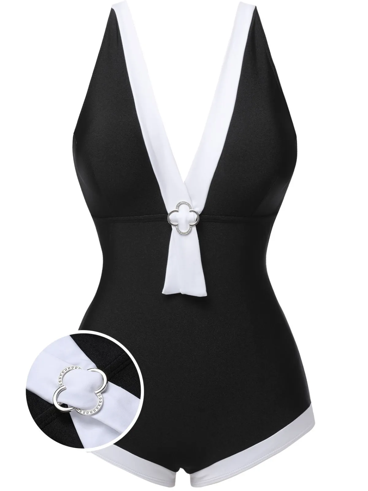 Outlet Retro Stage 1960s V-Neck Patchwork One-Piece Swimsuit Black