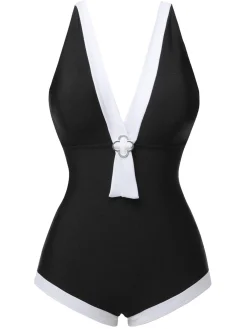 Outlet Retro Stage 1960s V-Neck Patchwork One-Piece Swimsuit Black
