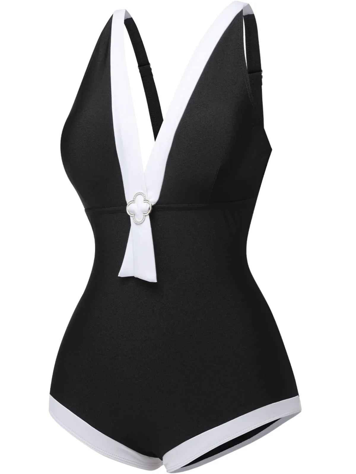 Outlet Retro Stage 1960s V-Neck Patchwork One-Piece Swimsuit Black