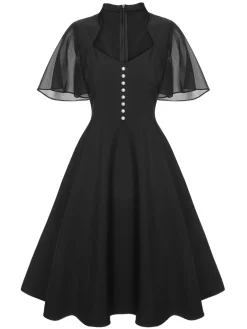 Discount Retro Stage 1950s V-Neck Pearl Buttons Dress Black
