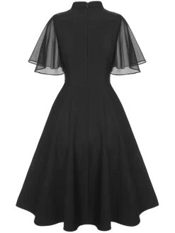 Discount Retro Stage 1950s V-Neck Pearl Buttons Dress Black