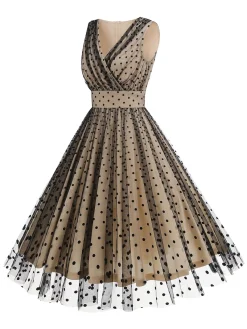 Hot Retro Stage 1950s V-Neck Polka Dot Mesh Dress Black