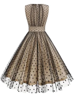 Hot Retro Stage 1950s V-Neck Polka Dot Mesh Dress Black