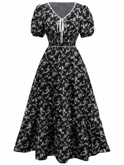 Online Retro Stage 1940s V-Neck Puff Ditsy Floral Dress Black