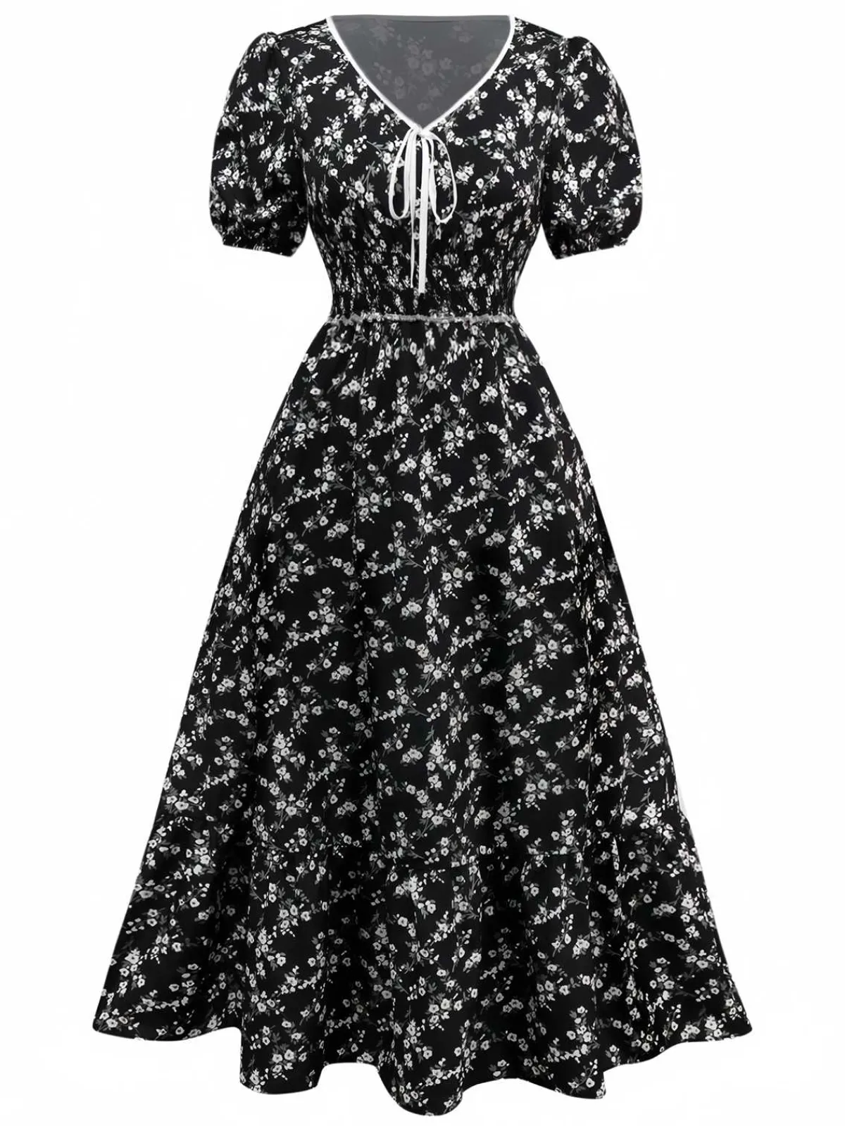 Online Retro Stage 1940s V-Neck Puff Ditsy Floral Dress Black
