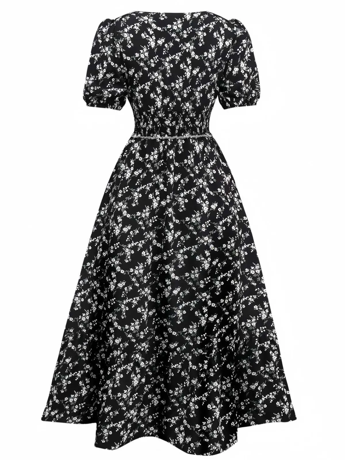 Online Retro Stage 1940s V-Neck Puff Ditsy Floral Dress Black