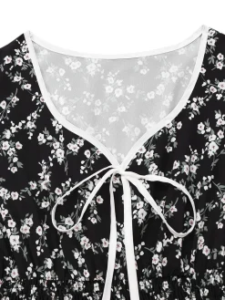 Online Retro Stage 1940s V-Neck Puff Ditsy Floral Dress Black