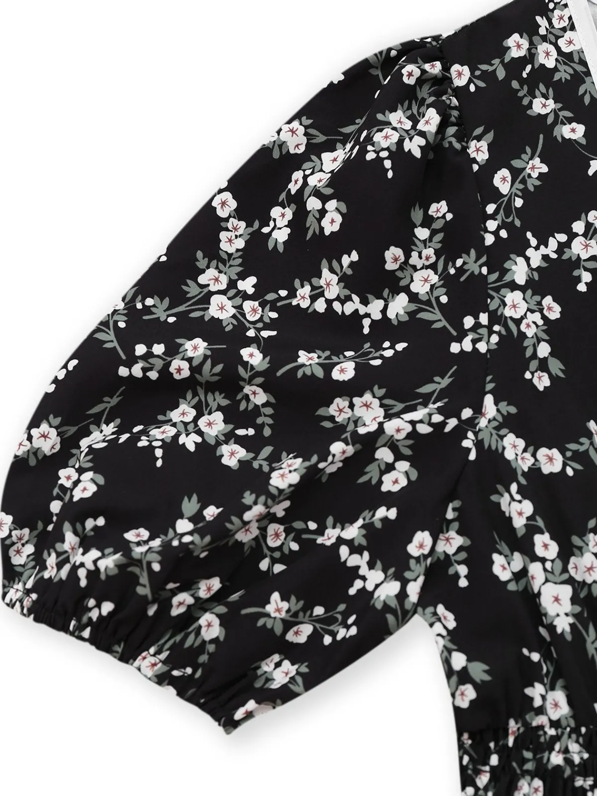 Online Retro Stage 1940s V-Neck Puff Ditsy Floral Dress Black
