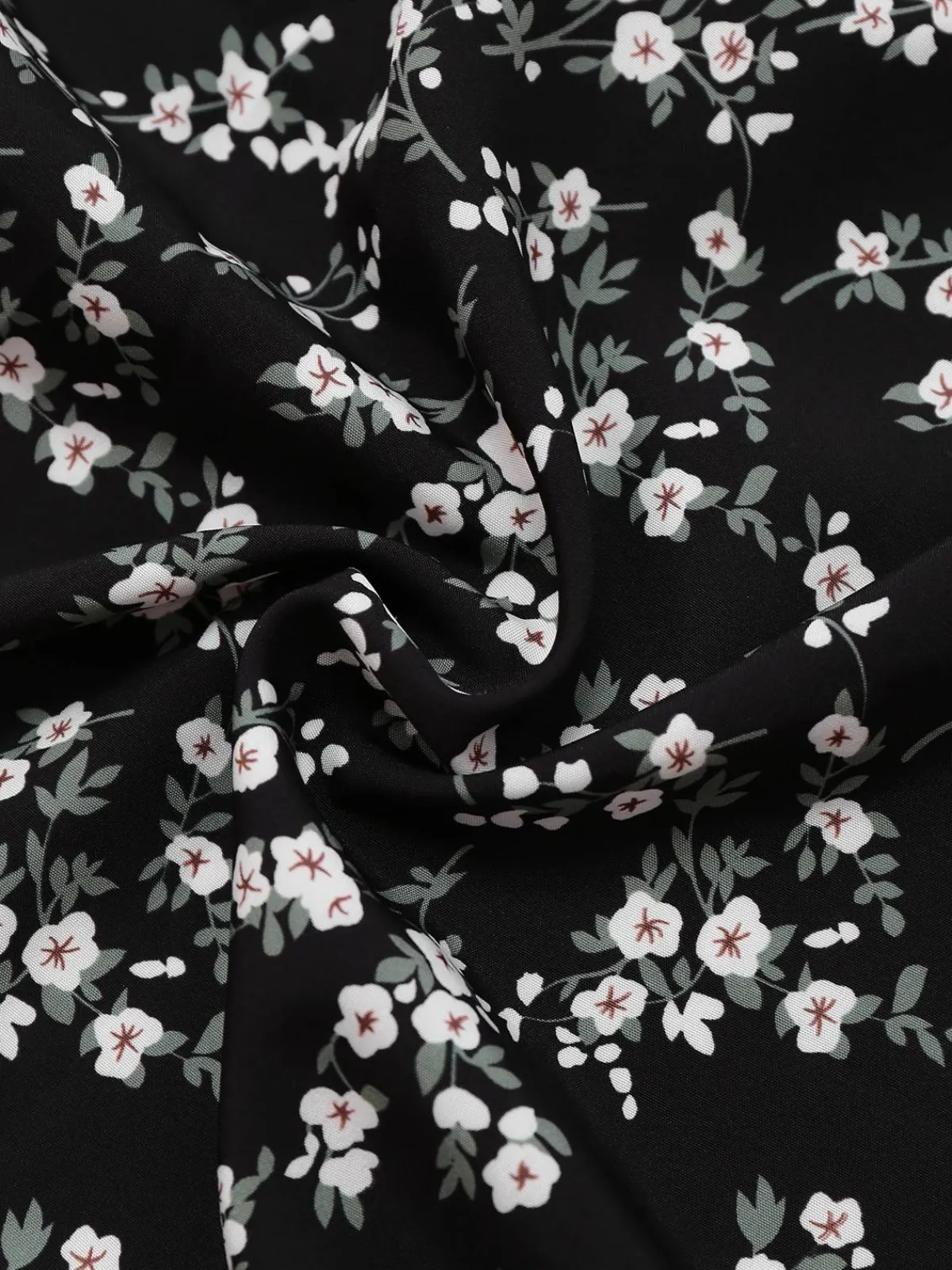 Online Retro Stage 1940s V-Neck Puff Ditsy Floral Dress Black
