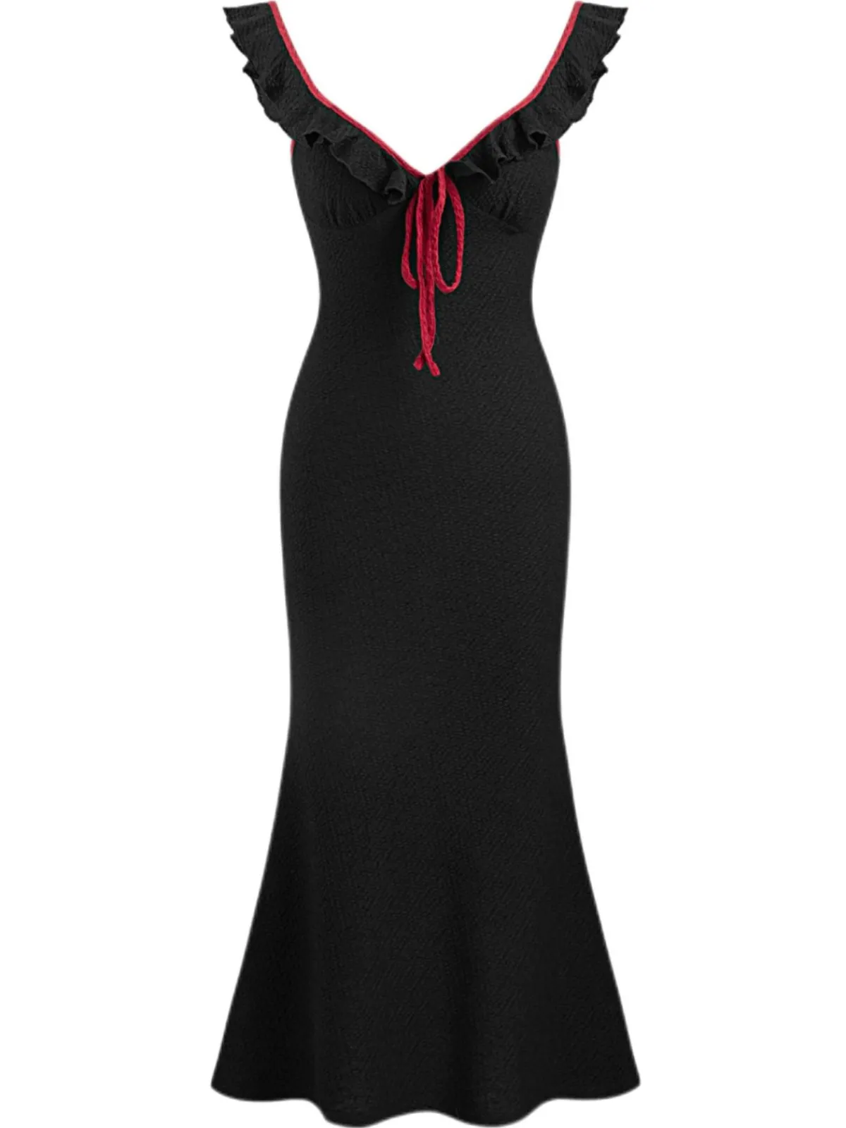 Hot Retro Stage 1930s V-Neck Ruffled Knitted Mermaid Dress Black