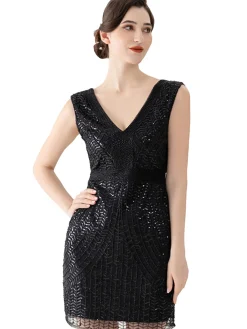 Clearance Retro Stage 1920s V-Neck Sequined Evening Dress Black