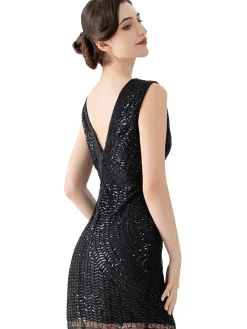 Clearance Retro Stage 1920s V-Neck Sequined Evening Dress Black