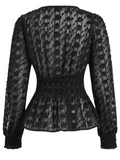 Outlet Retro Stage 1950s V-Neck Smocked Translucent Top Black