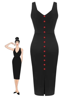 Sale Retro Stage 1960s V-Neck Solid Bodycon Dress Black
