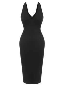 Sale Retro Stage 1960s V-Neck Solid Bodycon Dress Black