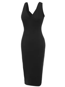 Sale Retro Stage 1960s V-Neck Solid Bodycon Dress Black