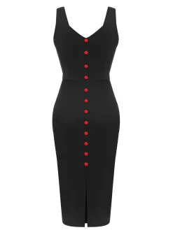 Sale Retro Stage 1960s V-Neck Solid Bodycon Dress Black