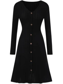 Hot Retro Stage 1940s V-Neck Solid Knitted Dress Black