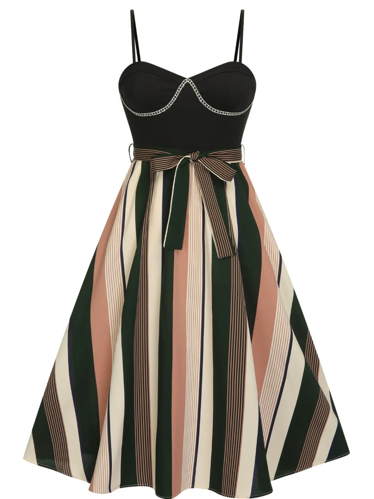 Discount Retro Stage 1940s Waist Tie Stripe Straps Dress Black