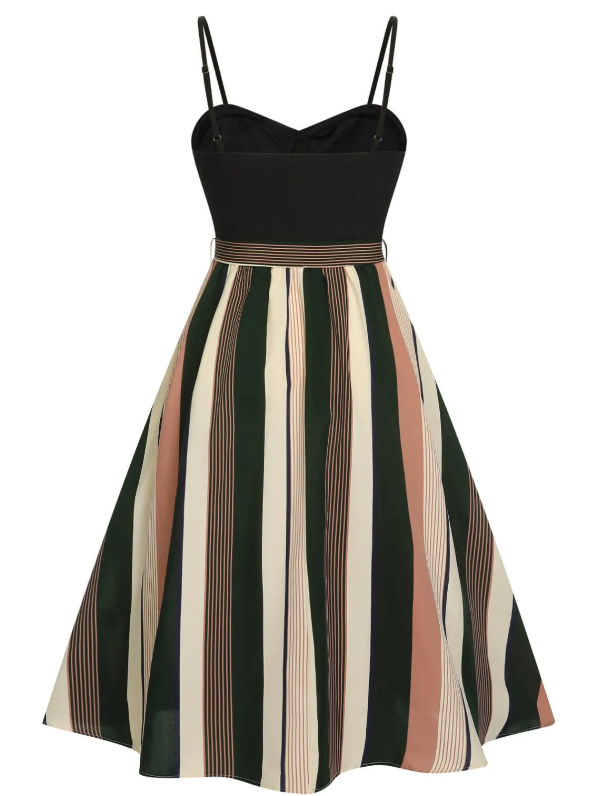 Discount Retro Stage 1940s Waist Tie Stripe Straps Dress Black