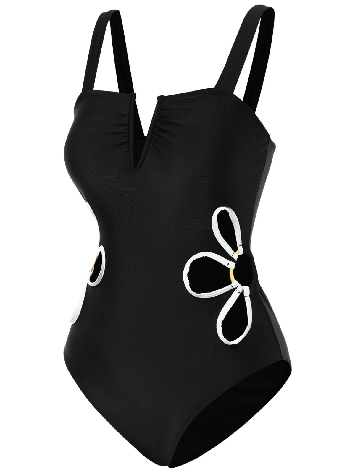Clearance Retro Stage 1950s White Flower Hollow One-Piece Swimsuit Black