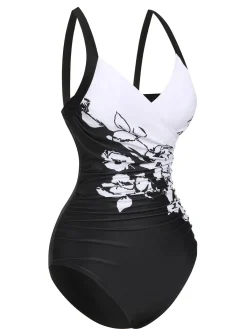 Sale Retro Stage 1930s Wide-Straps Flowers Swimsuit Black