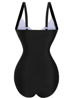 Sale Retro Stage 1930s Wide-Straps Flowers Swimsuit Black