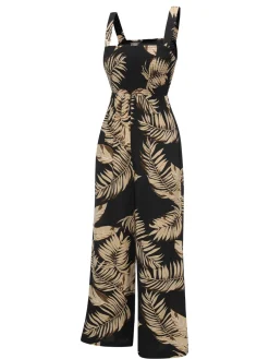 Best Retro Stage 1930s Wide-Straps Plants Jumpsuit Black