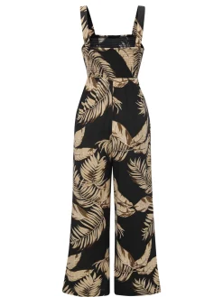 Best Retro Stage 1930s Wide-Straps Plants Jumpsuit Black