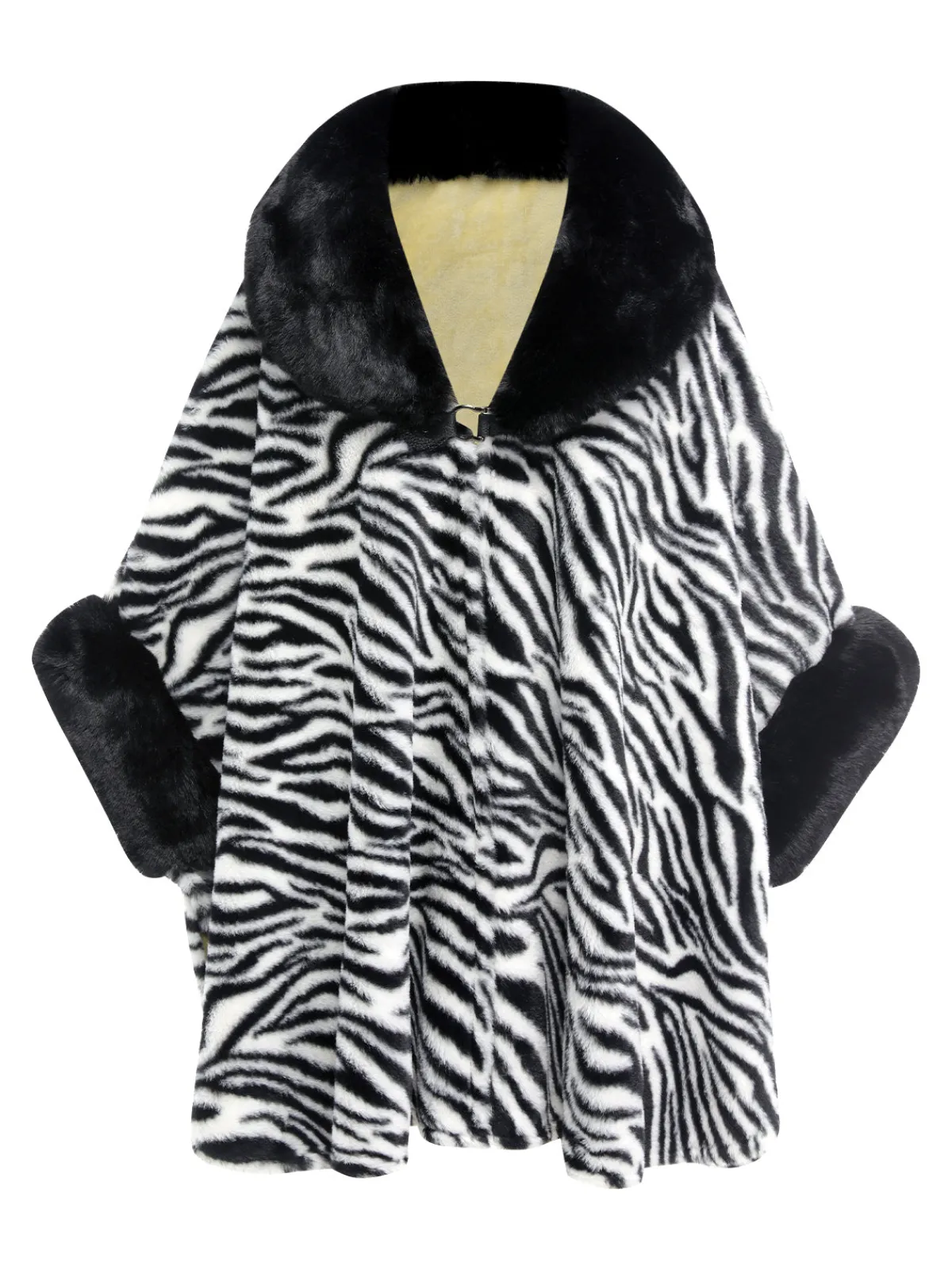 Online Retro Stage Black 1970s Zebra Fur Collar Cape Coat
