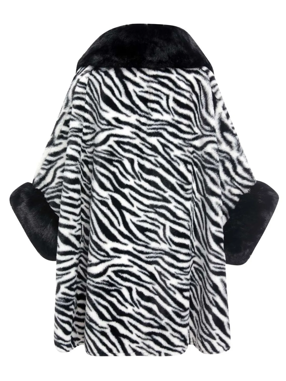 Online Retro Stage Black 1970s Zebra Fur Collar Cape Coat