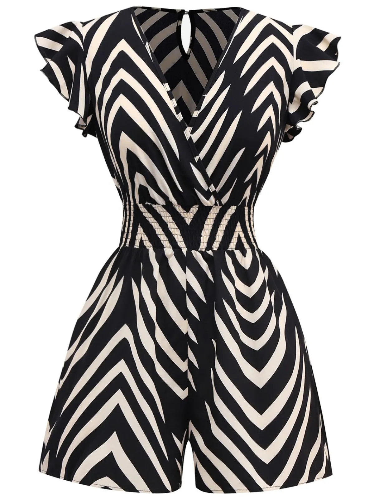 Clearance Retro Stage 1950s Zebra Striped Ruffled Waist Romper Black
