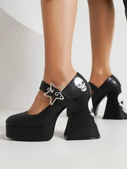Outlet Retro Stage Skull Buckle Strap Platform Chunky Shoes Black