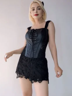 Best Retro Stage Black Steampunk Leather Gothic Lace Corset