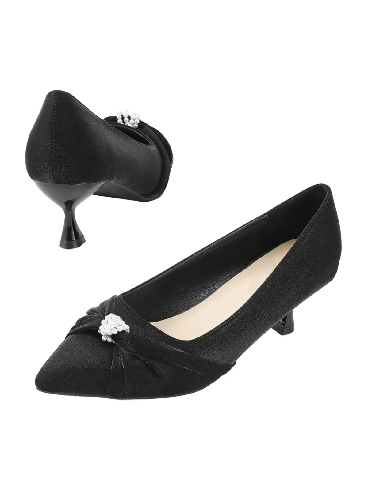 Fashion Retro Stage Twist Beading Kitten Heels Shoes Black