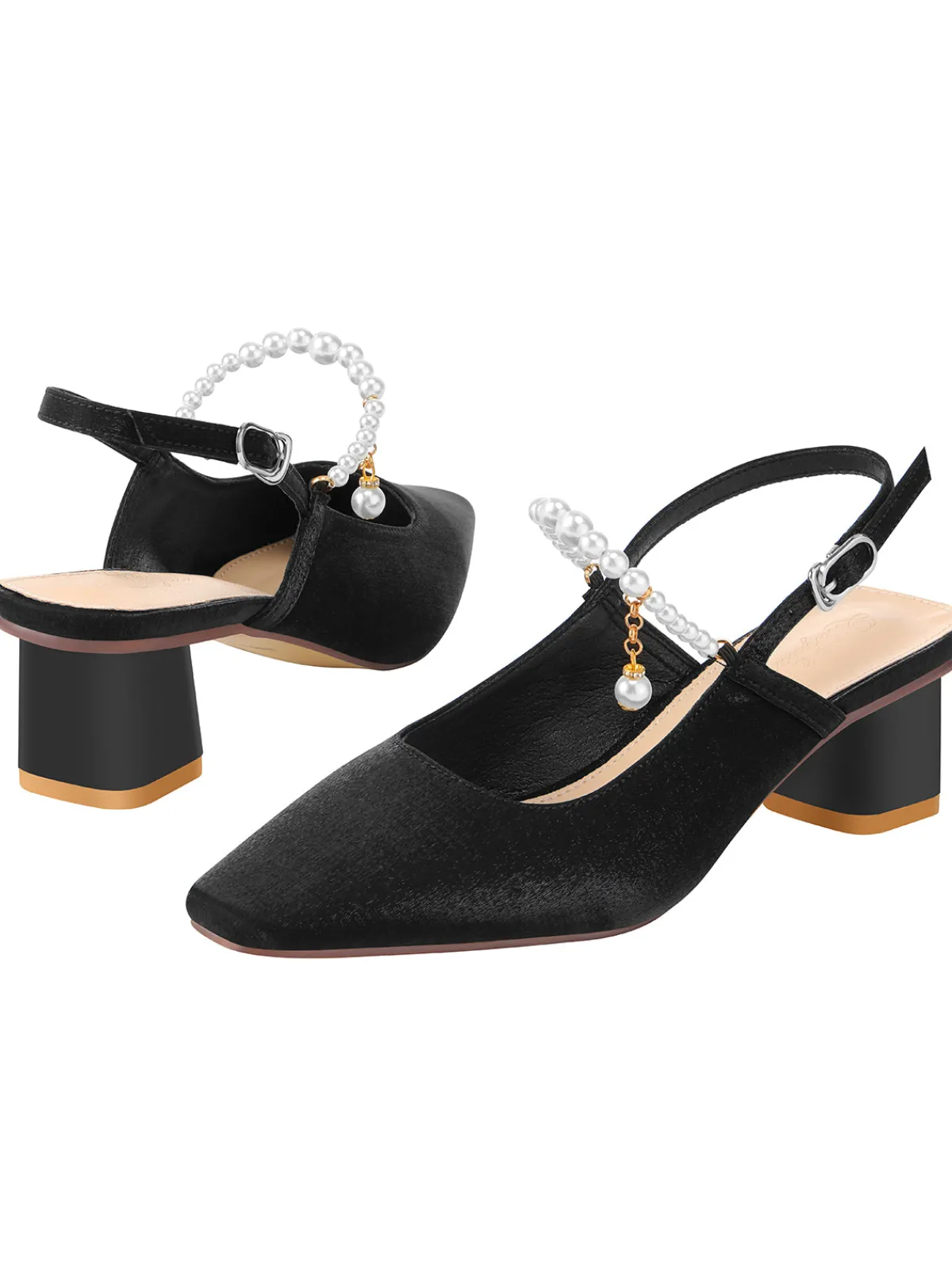 Fashion Retro Stage Velvet Satin Pearl Chunky Heel Shoes Black