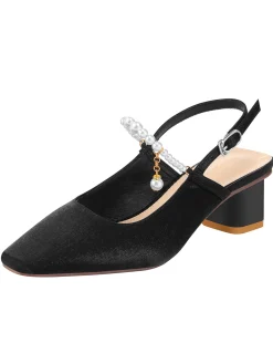 Fashion Retro Stage Velvet Satin Pearl Chunky Heel Shoes Black
