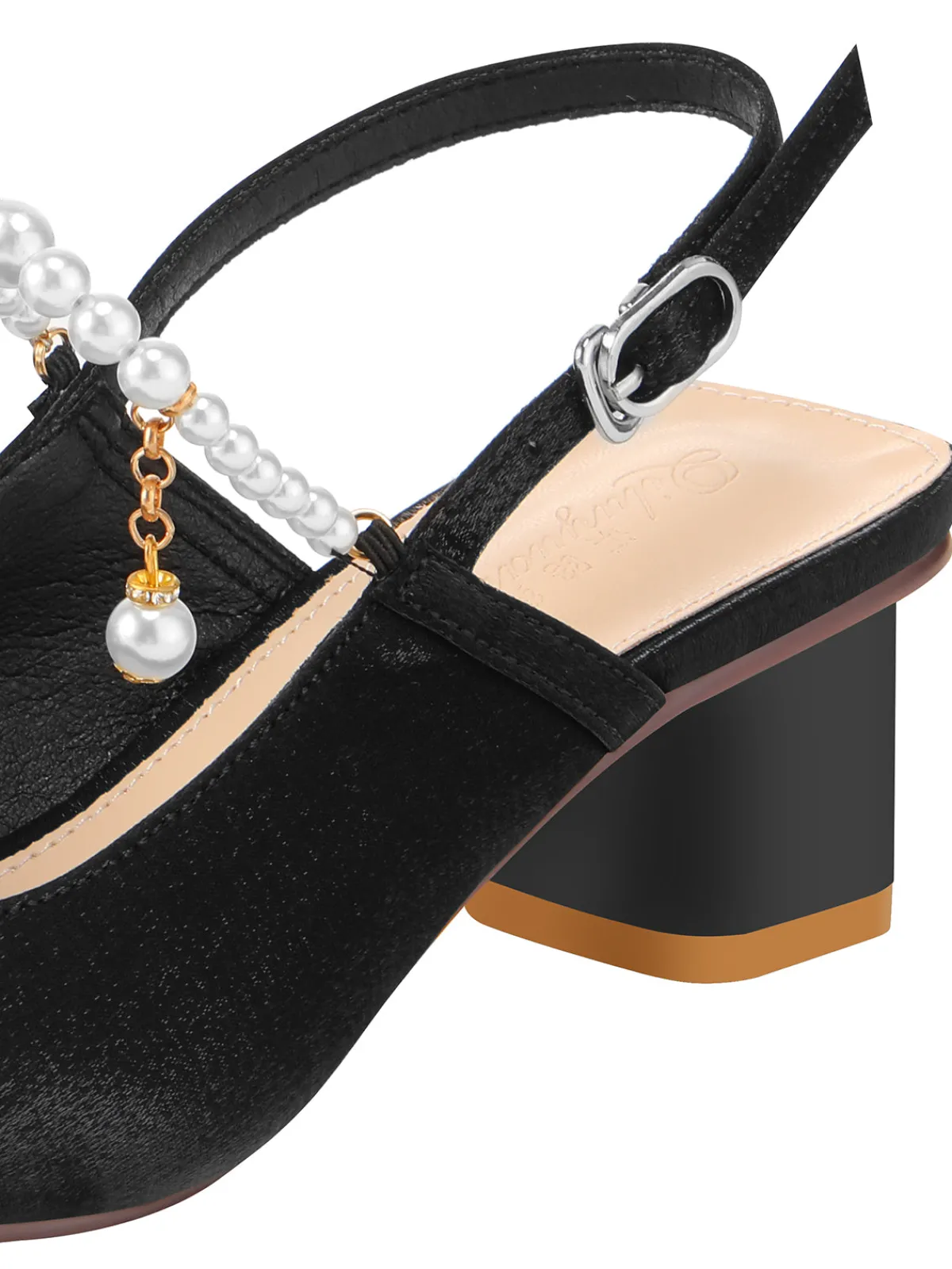 Fashion Retro Stage Velvet Satin Pearl Chunky Heel Shoes Black
