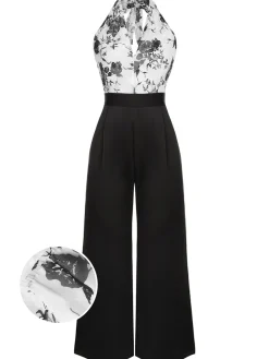 Outlet Retro Stage White 1930s Floral Halter Strap Jumpsuit Black