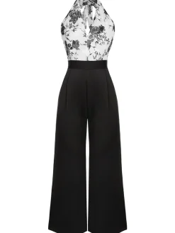 Outlet Retro Stage White 1930s Floral Halter Strap Jumpsuit Black