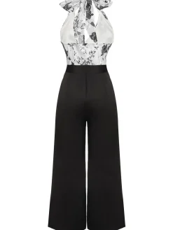 Outlet Retro Stage White 1930s Floral Halter Strap Jumpsuit Black