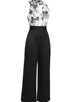 Outlet Retro Stage White 1930s Floral Halter Strap Jumpsuit Black