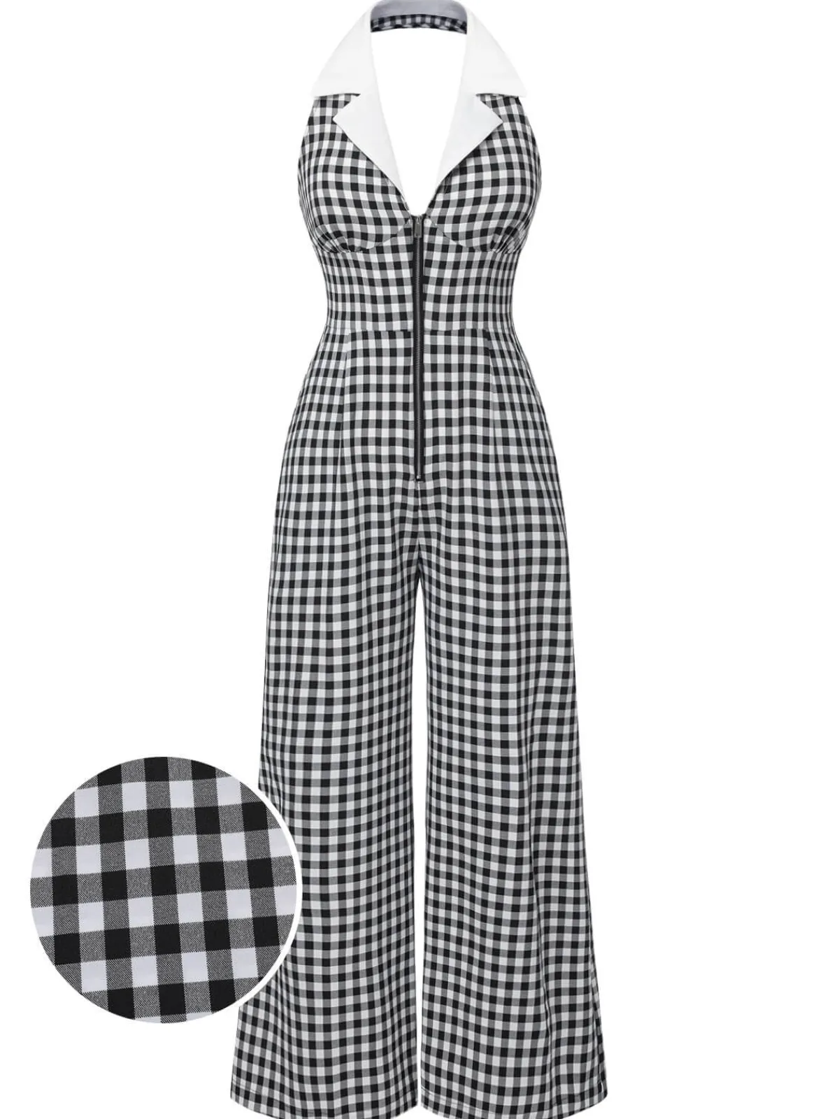 Online Retro Stage White 1940s Plaid Lapel Halter Jumpsuit Black