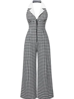 Online Retro Stage White 1940s Plaid Lapel Halter Jumpsuit Black