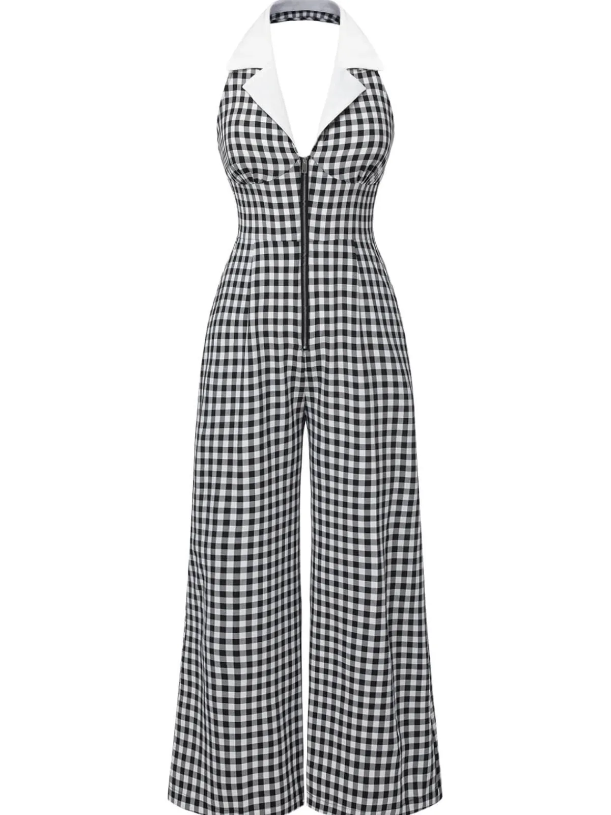 Online Retro Stage White 1940s Plaid Lapel Halter Jumpsuit Black
