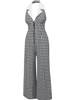 Online Retro Stage White 1940s Plaid Lapel Halter Jumpsuit Black