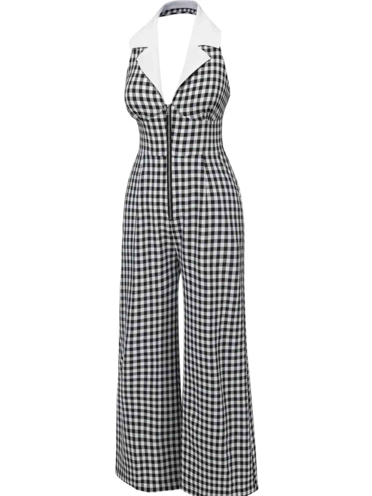 Online Retro Stage White 1940s Plaid Lapel Halter Jumpsuit Black